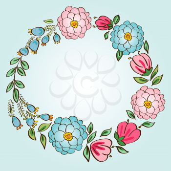 Floral Frame. Cute retro flowers arranged un a shape of the wreath perfect for wedding invitations and birthday cards