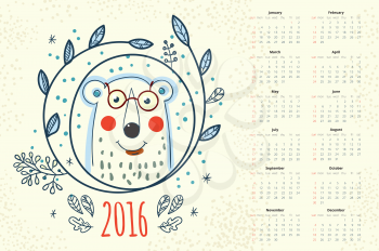 Calendar 12 months. Polar bear in a wreath winter
