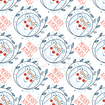 Christmas pattern with polar bears and wreaths.  Hand Drawn.