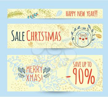 Discount, sale web banner with Christmas wreath. Hand drawn