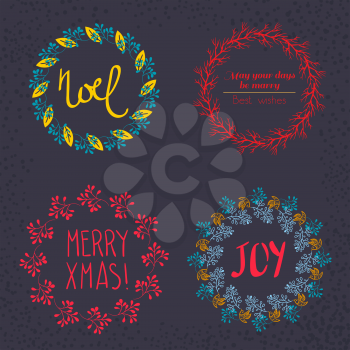 Christmas wreath drawn. Vector set. Elements page decoration, cards, banners on black blackboard