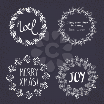Christmas wreath drawn. Vector set. Elements page decoration, cards, banners on black blackboard