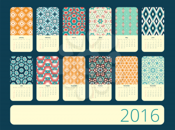 Calendar 12 months. Vertical with geometric vintage pattern.