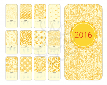Calendar 12 months. Vertical with hand drawn designs. Yellow and white