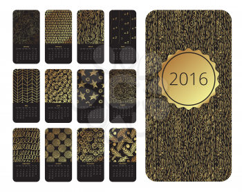 Calendar 12 months. Vertical with hand drawn designs. Gold and black