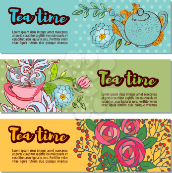 Time to drink tea. Tea shop banner or website header set. Banners with retro polka dot on the background. Style hand-drawing.