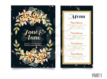 Trendy black card with roses for weddings, save the date invitation, RSVP and thank you, valentines day  cards. Contemporary glamour  template 