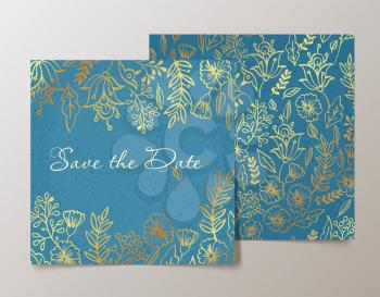 Trendy card with flower for weddings, save the date invitation, valentines day  cards. Contemporary glamour  template decorated with gold sequins.