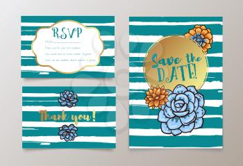 Trendy card with succulent for weddings, save the date invitation, RSVP and thank you, valentines day  cards. Contemporary glamour  template decorated with gold sequins.