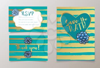 Trendy card with succulent for weddings, save the date invitation, RSVP and thank you, valentines day  cards. Contemporary glamour  template decorated with gold sequins.