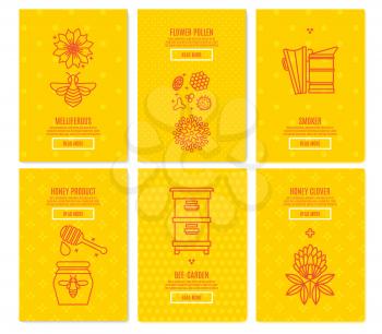 Sunny set Banners honey product. Juicy colors, linear icons with bees, honeycombs, apiculture devices, for advertising apitherapy products, beekeeping, cosmetic preparations, creams, soaps medicines