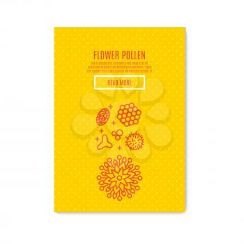 Sunny pollen Banner honey product. Juicy colors, linear icons with bees, honeycombs, apiculture devices, for advertising apitherapy products, beekeeping, cosmetic preparations, creams, soaps medicines