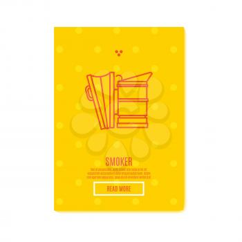 Sunny smoker Banner honey product. Juicy colors, linear icons with bees, honeycombs, apiculture devices, for advertising apitherapy products, beekeeping, cosmetic preparations, creams, soaps medicines