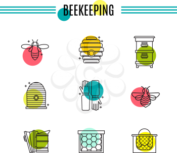 Set of icons of beekeeping, honey, apiary. To decorate the packaging of cometics, soaps, honey products, pollen, propolis. For the design of sites, banners, leaflets. Vector illustration