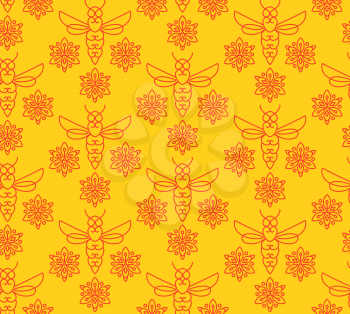Seamless pattern with orange bees in Monoline style. For the packaging of creams, cosmetics, food, bee venom to treat. Wrap bee products, fashion textile, covers smartphones on honey bee, apitherapy.