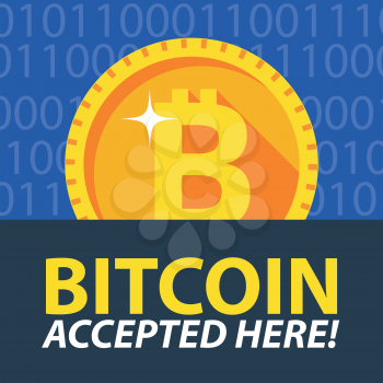 Bitcoin accepted here sticker. Banner. Vector coin flat design. Advertising template for your website.