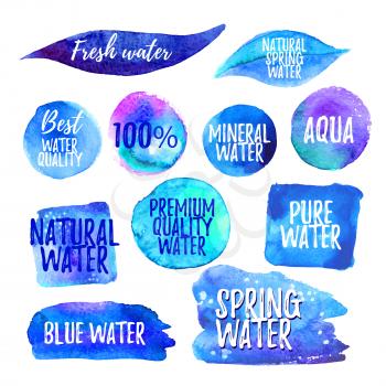 Set of water labels. Smears of blue watercolor paint. Isolated vector illustration.