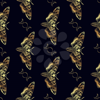 Butterfly Deaths head hawk moth. The symbol of the triple goddess. Vintage seamless pattern. For prints, T-shirts, bags, cards, textile, fashion, scrapbook paper. Vector