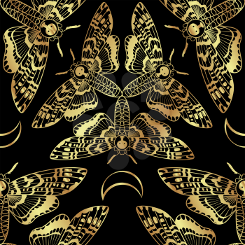 Butterfly Deaths head hawk moth. The symbol of the triple goddess. Vintage seamless pattern. For prints, T-shirts, bags, cards, textile, fashion, scrapbook paper. Vector gold. Decals
