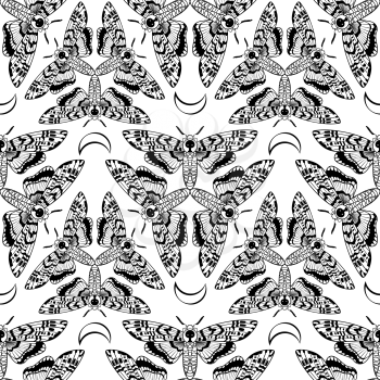 Butterfly Deaths head hawk moth. The symbol of the triple goddess. Vintage seamless pattern. For prints, T-shirts, bags, cards, textile, fashion, scrapbook paper. Vector. Coloring for adults and kids