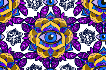 Seamless pattern. Beautiful ornamental peony, rose flower with an eye of providence. Old school tattoo, print T-shirts, packaging, smartphone cover, napkins, pillows. Alchemical Tarot Magic flower.