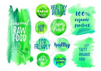 Veggi food green label of 100 organic, natural, farm fresh, gluten free, raw, eco. Badges for vegan restaurant, cafe menu, product packaging. Hand drawn vector templates.
