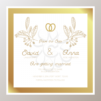 Romantic Wedding invitation with gold rings, twigs. Square shape. Suitable for bachelorette party, save this date, congratulations