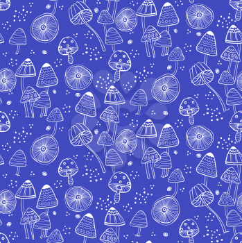 Seamless pattern with fantasy mushrooms. Fairy boletus on a blue background. Vector illustration. Texture for scrapbooking, wrapping paper, textiles, web page, wallpapers, surface design, fashion