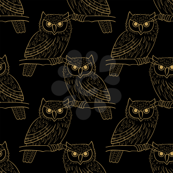 Big-eared owl. A seamless pattern in the handdrawn style. Black and gold graphics Texture for scrapbooking, wrapping paper, textiles, web page, wallpapers, surface design, fashion