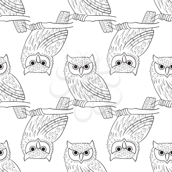 Big-eared owl. A seamless pattern in the handdrawn style. Black and white graphics Texture for scrapbooking, wrapping paper, textiles, web page, wallpapers, surface design, fashion