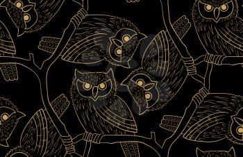 Big-eared owl. A seamless pattern in the handdrawn style. Black and gold graphics Texture for scrapbooking, wrapping paper, textiles, web page, wallpapers, surface design, fashion