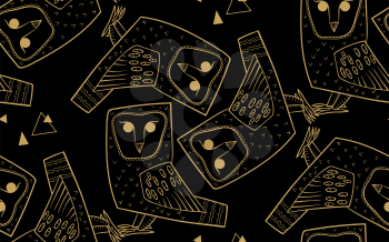 Barn owl. A seamless pattern in the handdrawn style. Black and gold graphics Texture for scrapbooking, wrapping paper, textiles, web page, wallpapers, surface design, fashion
