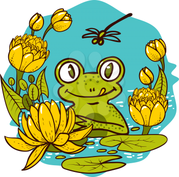 The King Is a green Frog. A Cartoon Frog Surrounded by Yellow Water Lilies on a Swamp Suitable for Children s prints on t-shirts, kids clothes, cards Vector illustration