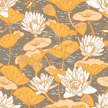 Elegant Seamless floral pattern with Water Lilies Nymphaea and Dragonflies , botanical illustration. Pond with lotus. Design for textiles, fabrics, paper, wallpaper. Vector