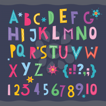 Children s font. Funny kid cartoon letters for school, kindergarten. Fonts for kids zone, decoration. Include numbers and signs. Cute color alphabet. baby lettering. Creative ABC vector design