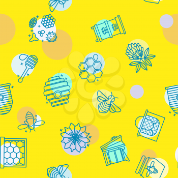Honey seamless pattern with cute flying bees, hexagon comb, flowers, beehive. Texture background for wallpaper, Honey textile, food packaging, fabric template. Vector.
