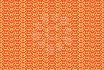 Oriental ancient seigaiha seamless pattern. Vintage background with waves of red and gold color. Symbol of good luck and prosperity. Suitable for origami and wishes for happiness. Vector