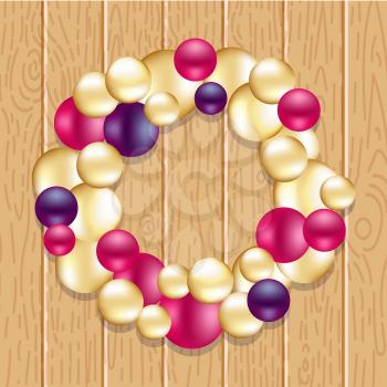 Christmas wreath with baubles, lights on wooden background. Vector illustration.