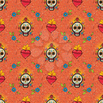 Mexican seamless pattern. Bright Ornament with sugar skulls. For the Day of the Dead and holiday 5 may Cinco de Mayo. National patterns are suitable for textiles, postcards, pillows