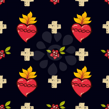Sacred Heart, cross, rose seamless pattern old schooll tattoo style. Hand drawn vector for T-shirt, love vintage poster. Philosophy wrapping paper, textile, fabric religion,  spirituality,  magic.