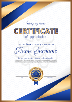 Certificate, Diploma of vertical orientation. gold print, frame, luxury premium design. Elegant Template for rewarding for achievements in sports, business, graduation. Vector.