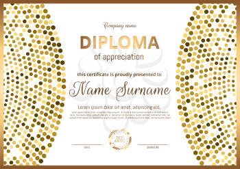 Certificate, Diploma of landscape orientation. Gold print, frame, luxury premium design. Elegant Template for rewarding for achievements in sports, business, graduation. Vector.