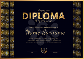 Certificate, Diploma of landscape orientation. Gold print, frame, luxury premium design. Elegant Template for rewarding for achievements in sports, business, graduation. Vector.
