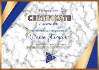 Certificate, Diploma of landscape orientation. Marble background, gold print, frame, luxury premium design. Elegant Template for rewarding for achievements in sports, business, graduation. Vector.