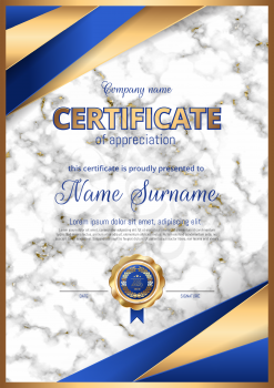 Certificate, Diploma luxury premium design. Marble background, gold print, frame. Elegant Template for rewarding for achievements in sports, business, graduation. Vector.