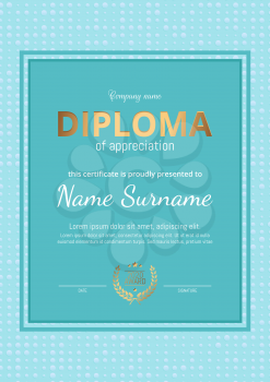 Beauty diploma, certificate of blue color. Vertical orientation. gold print, frame, luxury premium design. Elegant Template for rewarding for achievements in sports, business, graduation. Vector.