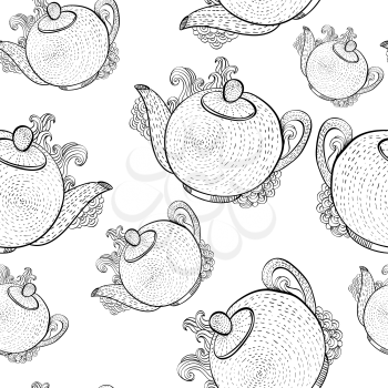 Breakfast seamless pattern with teapots. Hand drawn vector background.