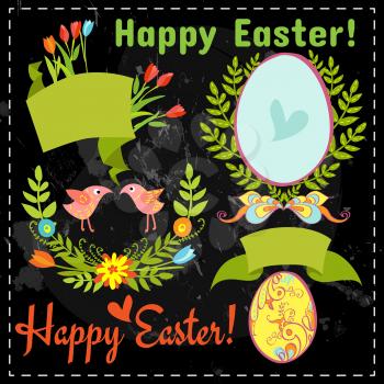 set of multicolored floral elements, wreaths, ribbons, banners, Easter eggs and lettering on the chalkboard, for use in design