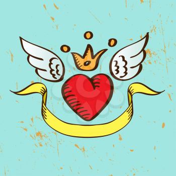 Flying Red Heart with Crown Wings and Banner Illustration
