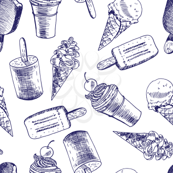 Doodle seamless pattern ice cream. Blue vector sketch.